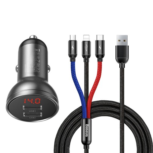 CAR CHARGER BASEUS 2xUSB 4.8A 24W 3 IN 1 (MICRO/LIGHTNING/TYPE C) 1.2 METER TZCCBX-0G BLACK