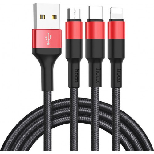 CABLE HOCO XPRESS USB CHARGING CABLE IPHONE PULL THREE IPHONE LIGHTNING 8-PIN+MICRO+TYPE C X26 BLACK/RED