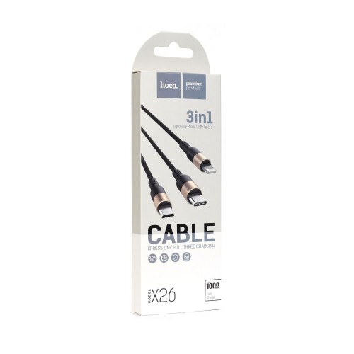 CABLE HOCO 3 IN 1 XPRESS USB CABLE FOR IPHONE LIGHTNING 8-PIN+MICRO+TYPE C X26 BLACK/GOLD