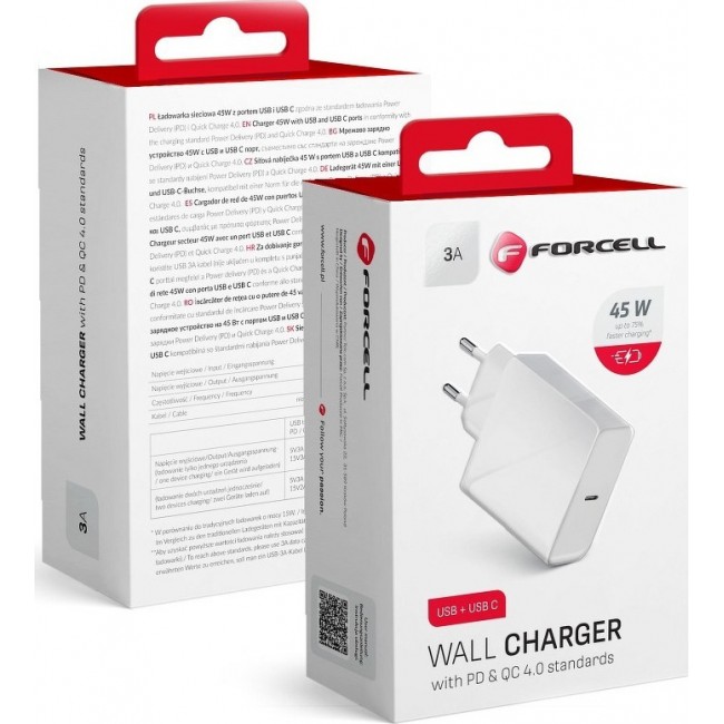 FORCELL TRAVEL CHARGER USB-C SOCKET 3A 45W WITH PD AND QC 4.0 FUNCTION (5903396040962)