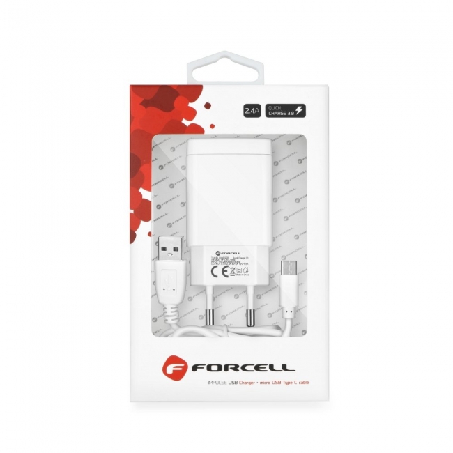 Forcell USB Type C Cable & Wall Adapter 2.4A Quick Charge 3.0 White