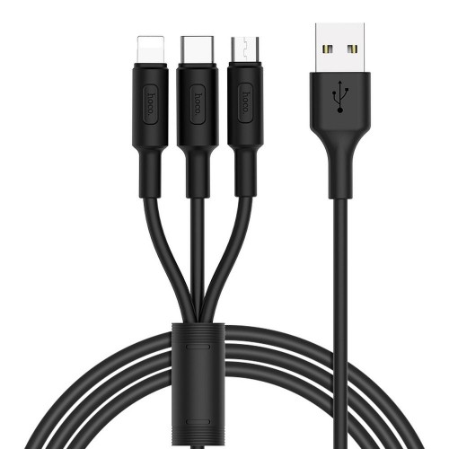 CABLE HOCO USB SOARER ONE PULL THREE CHARCHING CABLE (LIGHTNING 8-PIN + MICRO + TYPE C) X25 BLACK