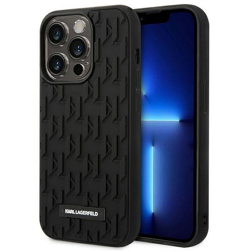 ΘΗΚΗ ΓΙΑ APPLE IPHONE 14 PRO KARL LAGERFELD FACEPLATE 3D RUBBER MONOGRAM PATTERN METAL PLATE BLACK KLHCP14LRUPKLPK