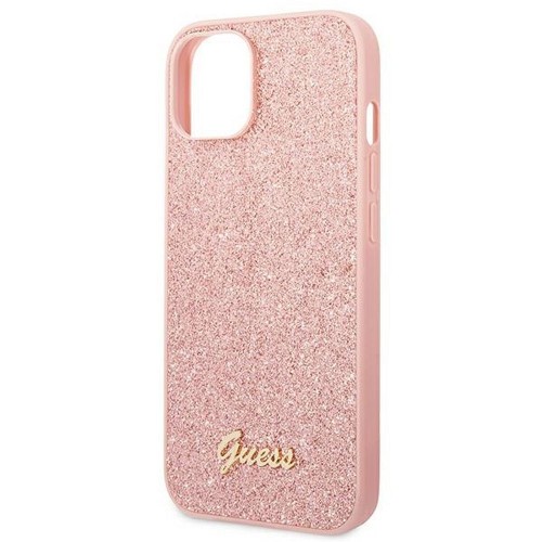 ΘΗΚΗ ΓΙΑ APPLE IPHONE 14 PLUS GUESS FACEPLATE GLITTER FLAKES SCRIPT METAL LOGO PINK GUHCP14MHGGSHP