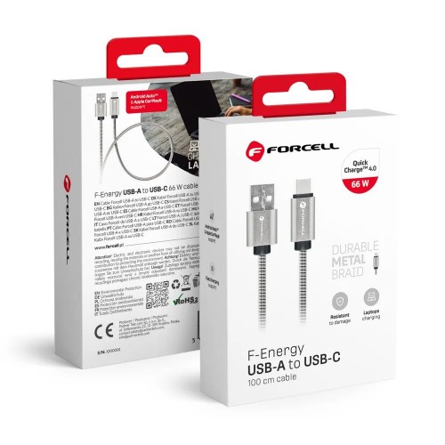 CABLE USB-A TO USB-C FORCELL F-ENERGY  QC4.0 3A 66W METAL 1m C234 SILVER