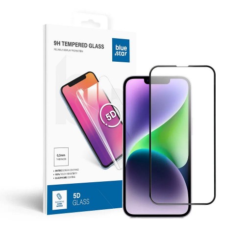 TEMPERED GLASS BLUE STAR APPLE IPHONE 13/13 PRO/14/16e 5D FULL COVER BLACK